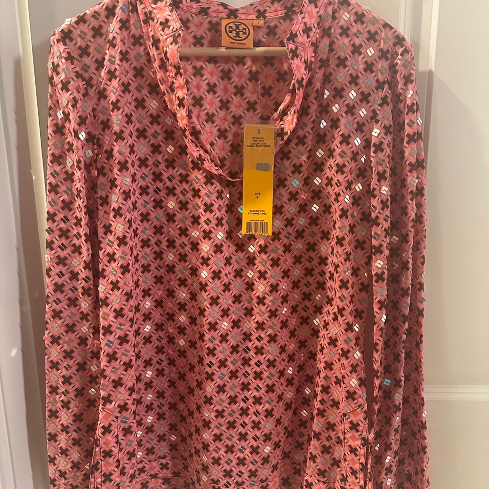 Tory Burch Coral and Black Geometric Top